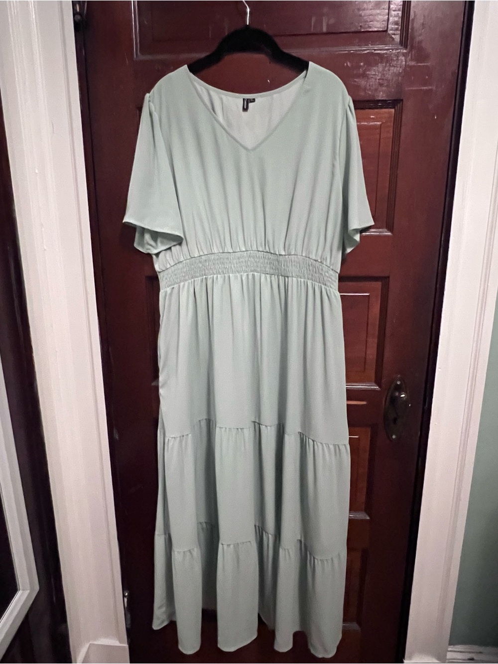 Relaxed Sage Green Tiered V-Neck Maxi Dress